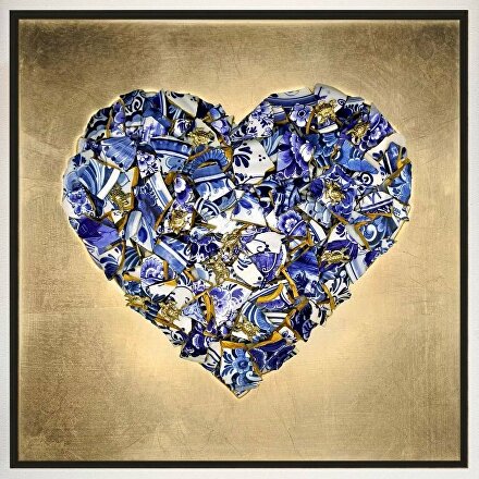 Delfts Blauw Hart, ginvi,  Koro Delft Blua, mart krijger, kunst op maat, hart met schildpadden, gouden hart en delftsblauw, delftsblauwe kunst, 3d schilderij, kunstkopen rotterdam