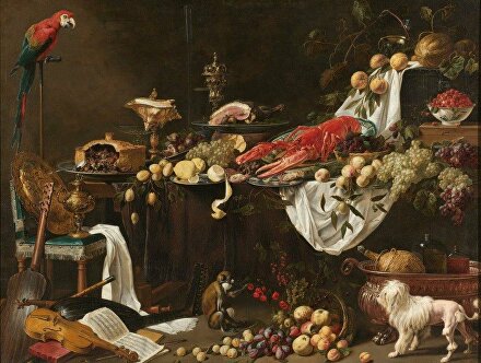 Pronkstilleven, Adriaen van Utrecht, 1644 olieverf op doek, h 186cm × b 243cm Catalogus entry  De Vlaming Adriaen van Utrecht liet hier zien dat hij werkelijk alles kon schilderen: kostbaar vaatwerk, glas, vruchten, een enorme kreeft op een Chinese schaal, een aangesneden pastei en nog veel meer. Gezien het opvallend lage standpunt zal het grote schilderij wel bedoeld zijn geweest om boven een schoorsteen te hangen