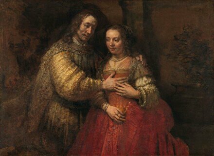 ISAAK EN REBEKKA, BEKEND ALS ‘HET JOODSE BRUIDJE’ Uit de serie Honderd Meesterwerken Isaak en Rebekka, bekend als ‘Het Joodse bruidje’, Rembrandt van Rijn, ca. 1665 - ca. 1669 Zie de blikken en de tedere manier waarop de handen elkaar raken. Opmerkelijk is het contrast tussen de subtiele stemming en de gedurfde manier waarop Rembrandt de kleding schilderde.