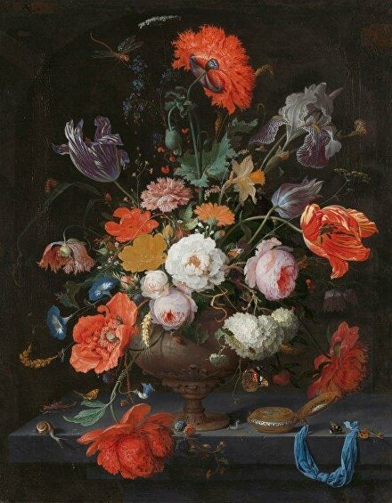 tilleven met bloemen en een horloge, Abraham Mignon, ca. 1660 - ca. 1679 olieverf op doek, h 75cm × b 60cm