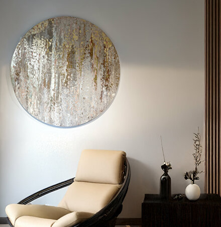 abtract rond origineel luxe schilderij in beige en creme tinten en bladgoud, ginvi, art gallery, kunst op maat.