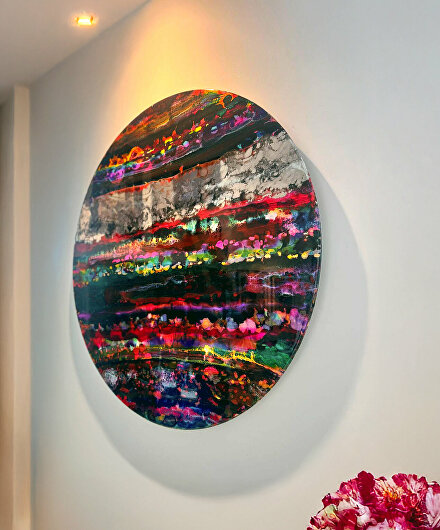 abstract kunstwerk, rondkunstwerk, luxe kunstwerk, kunt op maat, epoxy rond schilderij, epoxy schilderij, abstract groot schilderij.