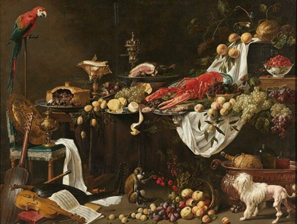 Pronkstilleven, Adriaen van Utrecht, 1644 olieverf op doek, h 186cm × b 243cm Catalogus entry  De Vlaming Adriaen van Utrecht liet hier zien dat hij werkelijk alles kon schilderen: kostbaar vaatwerk, glas, vruchten, een enorme kreeft op een Chinese schaal, een aangesneden pastei en nog veel meer. Gezien het opvallend lage standpunt zal het grote schilderij wel bedoeld zijn geweest om boven een schoorsteen te hangen