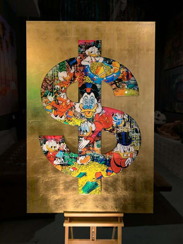 Dagobert Dagobertduck dollar popart Goldleaf Bladgoud Goudenkunstwerk Goudschilderij luxekunst handgemaakt limitededition